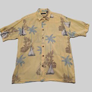 Puritan Men M Hawaiian Yellow Sail boat Print Button Down vintage
